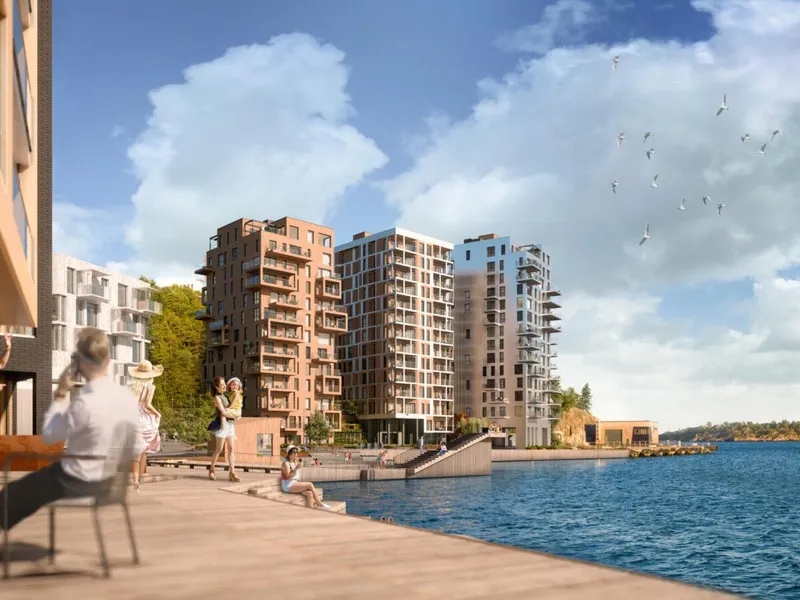 Illustrasjon av Tre Søstre i Kanalbyen med leilighetsbygg, bryggeområde, sjøfront og utearealer.
