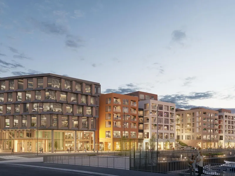 Stasjonskvartalet strekker seg over to kvartaler med totalt 38.000 kvadratmeter bygningsmasse ved togstasjonen i Trondheim. Illustrasjon: Sweco Architects.