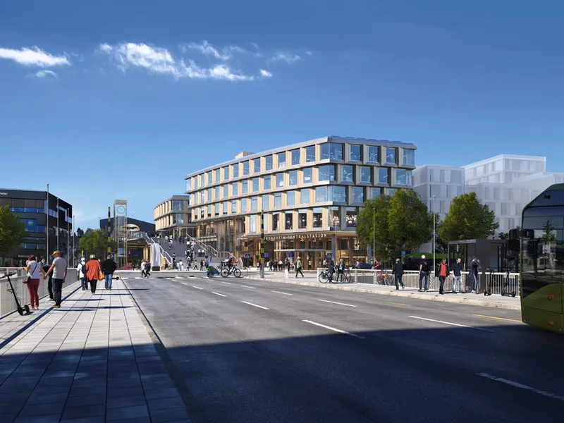 Bane NOR Eiendom eier nå 100 prosent av aksjene i Trondheim Stasjonssenter AS. Illustrasjon: Bane Nor