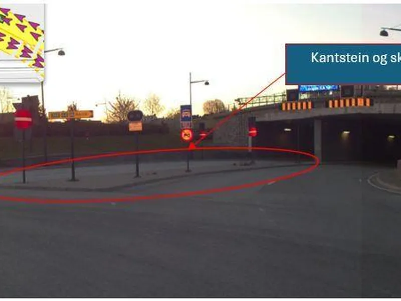 Kantstein og skilt er fjernet fra innkjøringa til tunnelen fra Nyhavna-sida.