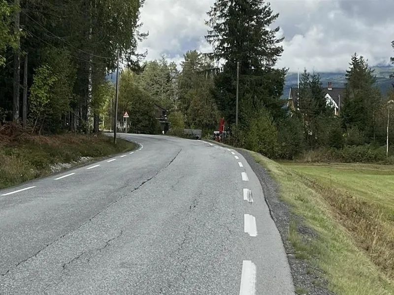 et bilde av en bilvei med skog og et par hus. - Klikk for stort bilde
