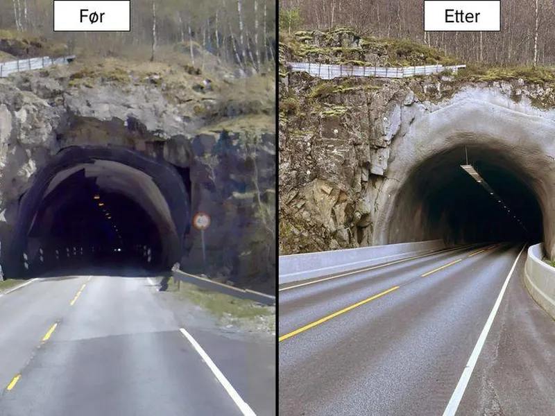 Vågstunnelen før og etter stor utbetring, gjor samtidig som ordinære vedlikehaldsoppgåver. Biletet viser utbetringane både i vass- og frontsikring ved opninga, og kor mykje betre belysninga har vorte. Begge foto: Statens vegvesen