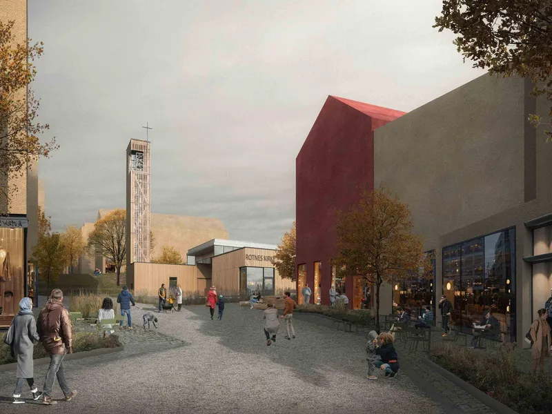 Illustrasjon, bysentrum, Nittedal, kirke, torg, mennesker, bygninger