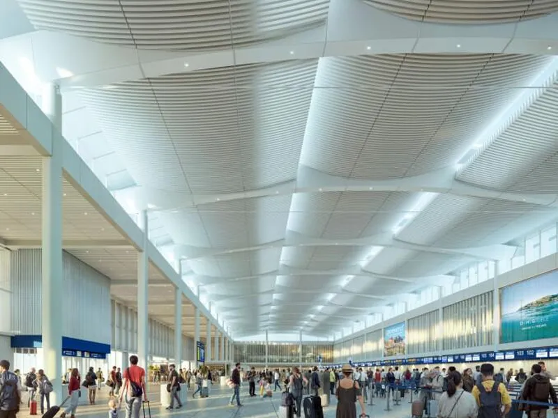 Slik blir utvidelsen av flyplassen i Athen. Illustrasjon: Haptic, Grimshaw og K-studio.