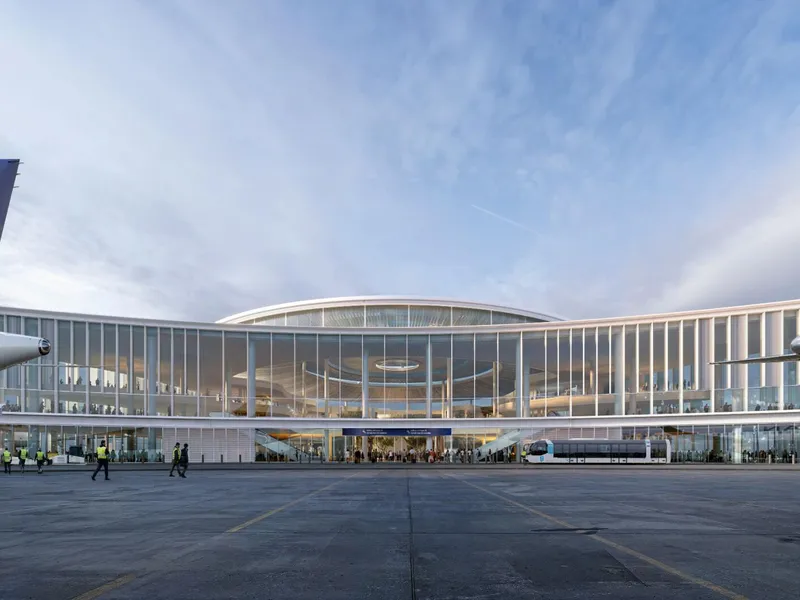 Slik blir utvidelsen av flyplassen i Athen. Illustrasjon: Haptic, Grimshaw og K-studio.