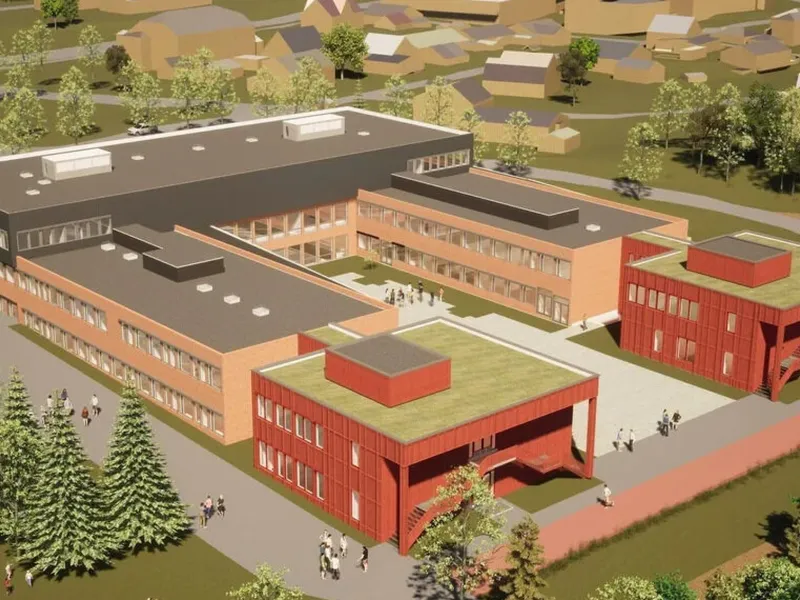 Backe Romerike vant i 2024 kontrakten om å utvide Bingsfoss ungdomsskole på Sørumsand fra en kapasitet på 400 elever til 540 elever. Illustrasjon: A38 Arkitekter.