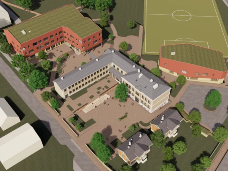 Illustrasjon som viser to skolebygg, to villaer og uteområdene