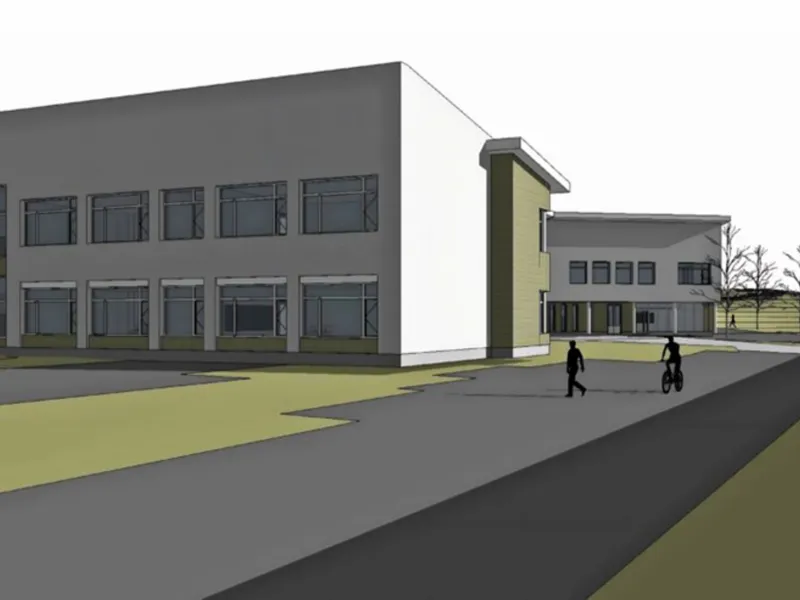 Illustrasjon som viser to skolebygg og uteområdene