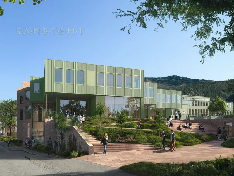 Nybygget ved Langhaugen VGS har fått navnet Samstemt og er koordinert med de eksisterende skolebyggene i form, plassering og uttrykk. Illustrasjon: Ola Roald arkitekter/Peab K. Nordang