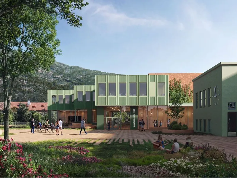 Utbyggingen på Langhaugen VGS omfatter nytt undervisningsbygg for musikk, dans, idrett og realfag, utearealer og forbindelse mellom nybygget og eksisterende bygg. Illustrasjon: Ola Roald arkitekter/Peab K. Nordang