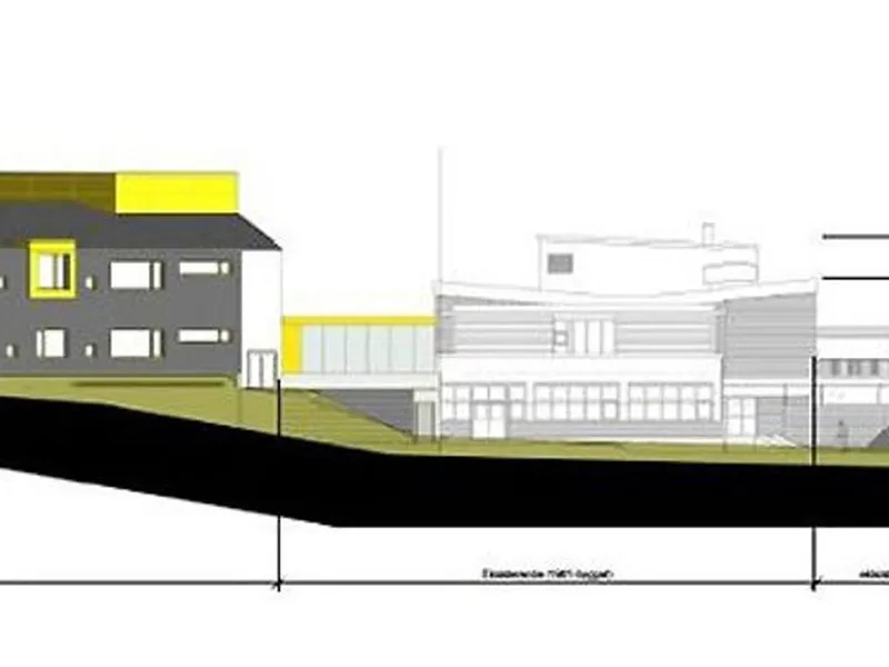 Det nye tilbygget (til venstre), den gråskisserte delen til høyre er dagens skolebygg. Illustrasjon: Asas Arkitektur AS