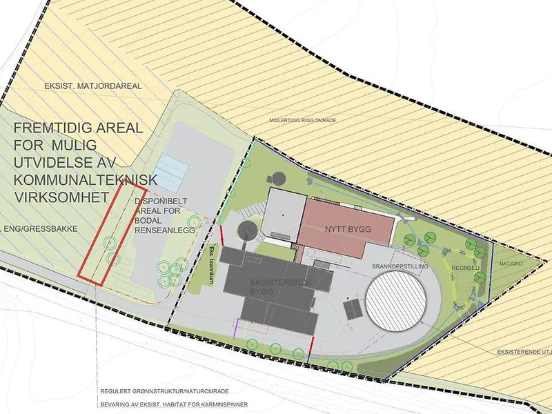 Bodahl renseanlegg, plankart. Et oversiktskart viser bygninger, veier og grøntområder.