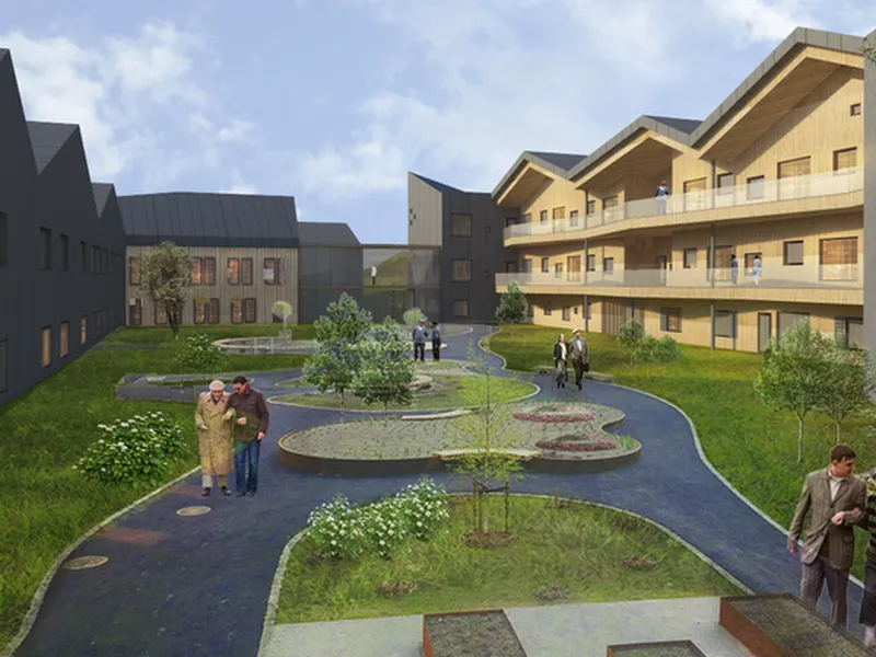 Fossheim Ressurssenter, bilde av sansehage. Illustrasjon: Reiulf Rustad Arkitekter