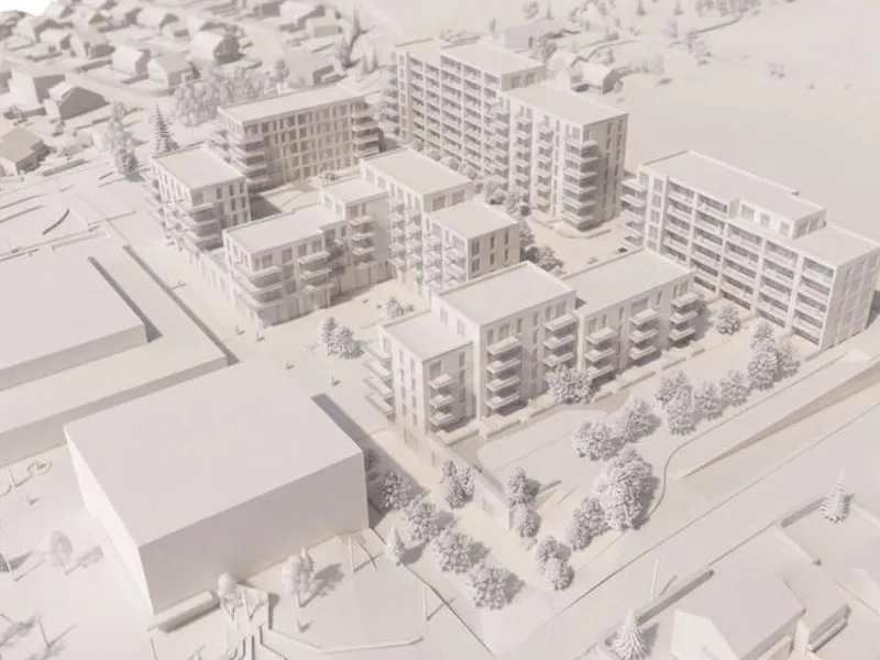 Foreløpig situasjonsmodell over Kvernevik. Illustrasjon: Link Arkitektur.