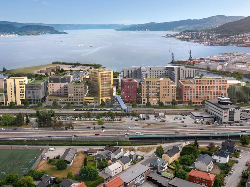 Strøm Gundersen er valgt som entreprenør for to kontrakter for bygging av henholdsvis hotell og kontorbygg på Brakerøya i Drammen. Ill. Drammen Helsepark/Dark Arkitekter.