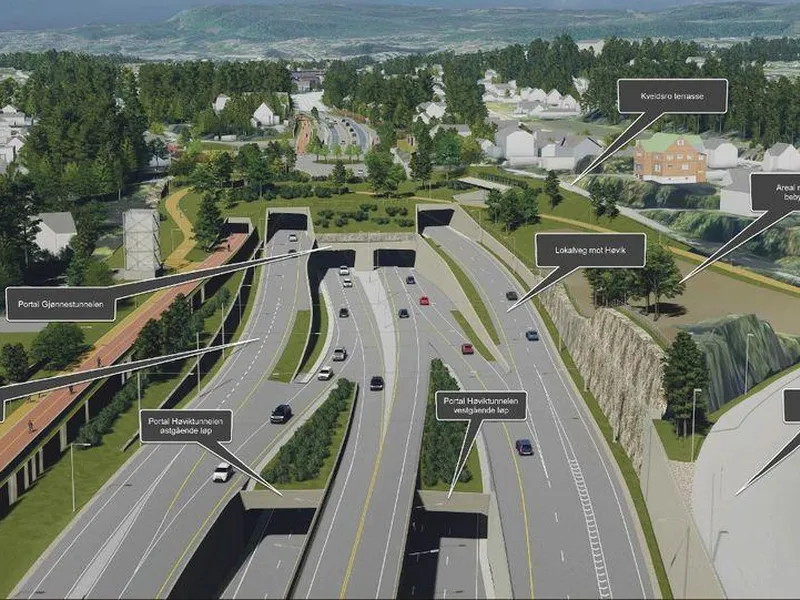 Illustrasjon av inngangsportal til Høviktunnelen sett fra Strand. Her blir det tunnneler på tre nivåer, Høviktunnelen nederst, Gjønnestunnelen over og lokalvei under lokk øverst.