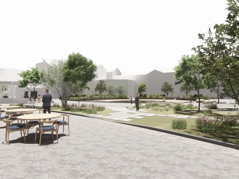 Skisse av nytt torg i Gran sentrum som viser bord, stoler, gress og trær.