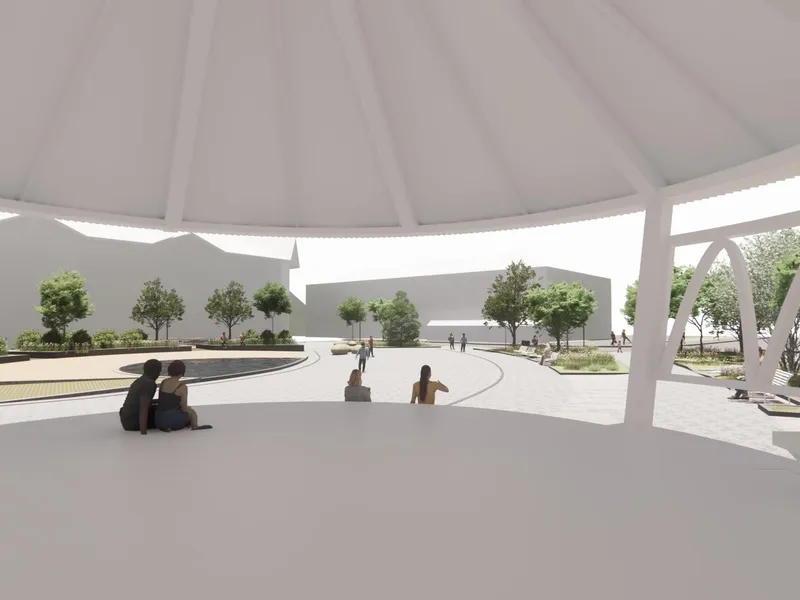 Skisse av nytt torg i Gran sentrum, sett fra innsiden av en planlagt paviljong.