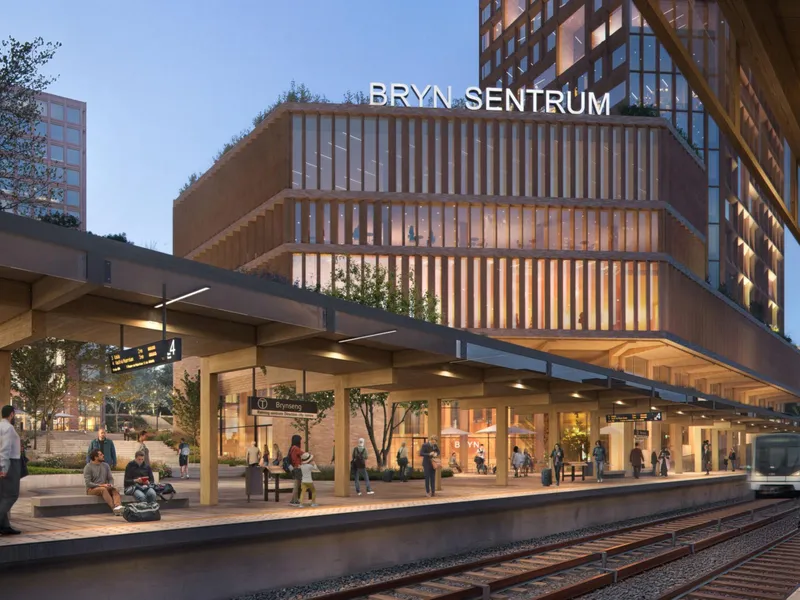 Brynseng t-banestasjon ligger integrert i planområdet. Illustrasjon: Visulent, Grape Architects, Mad arkitekter, 4B arkitekter, Hille Melbye arkitekter, NIELSTORP+ arkitekter, Helen & Hard, SLA..