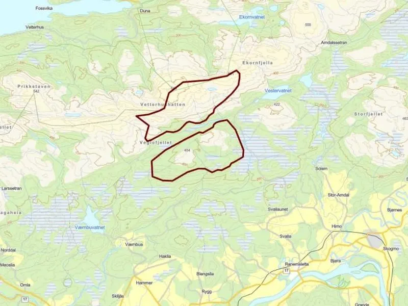Kartutsnitt av Veglofjellet planområde
