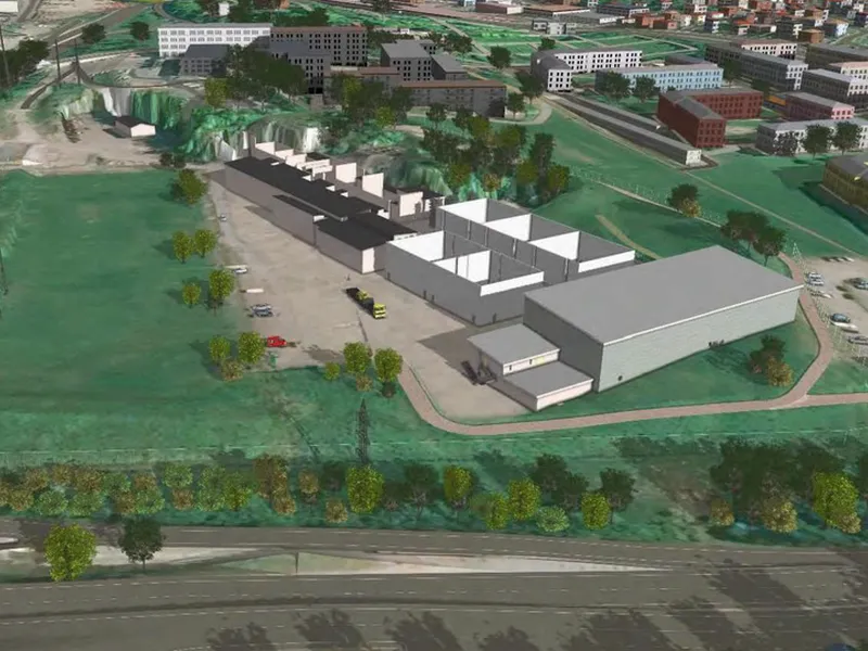 Illustrasjon av stasjonsområde sett fra vest