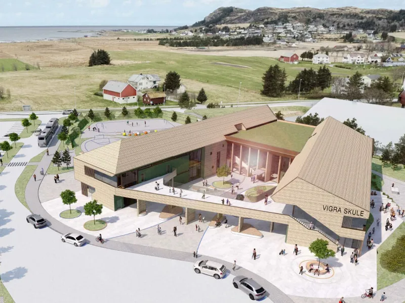 Nye Vigra skule. Illustrasjon: Slyngstad Aamlid Arkitekter.