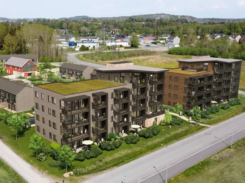 I oktober starter Peab byggingen av boligprosjektet Viriktunet ved Bugårdsparken i Sandefjord. Illustrasjon: KB Arkitekter. 