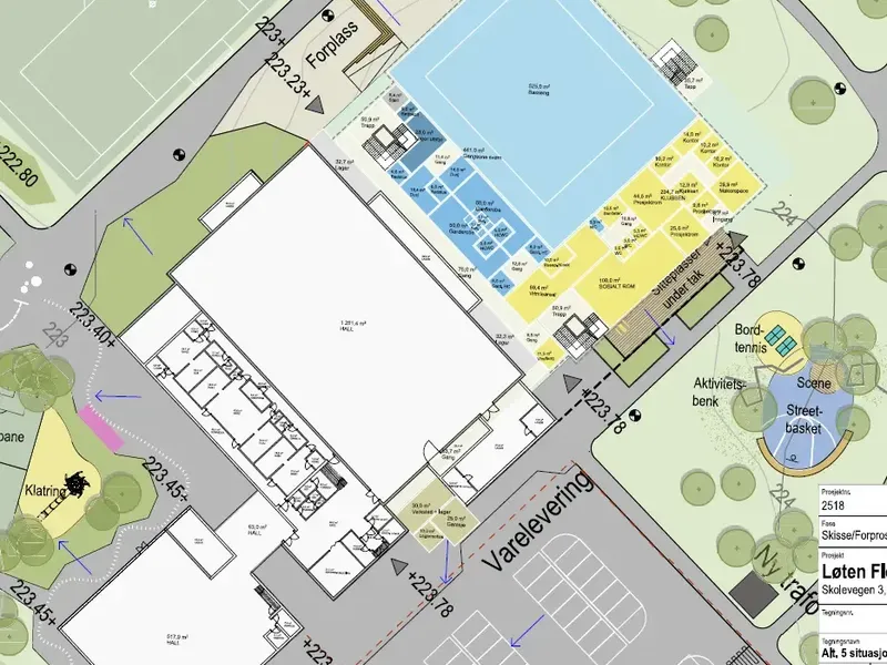 PLantegning over nytt hallanlegg, mot nåværende Løtenhallen