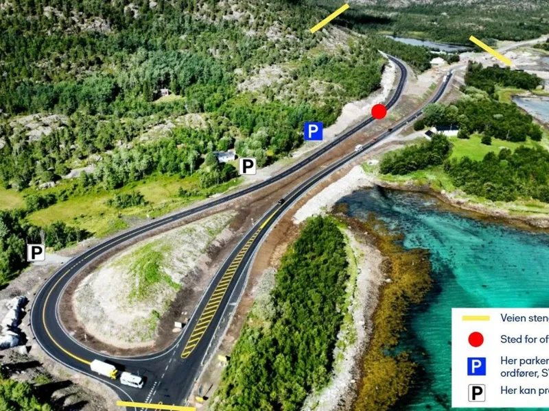 Bildet viser det nye Kåringskrysset og parkeringsmuligheter for pressen. foto/illustrasjon Skanska Norge AS.