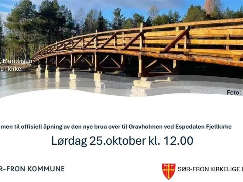 Bru laget av tre som går over et vann med skog rundt. - Klikk for stort bilde